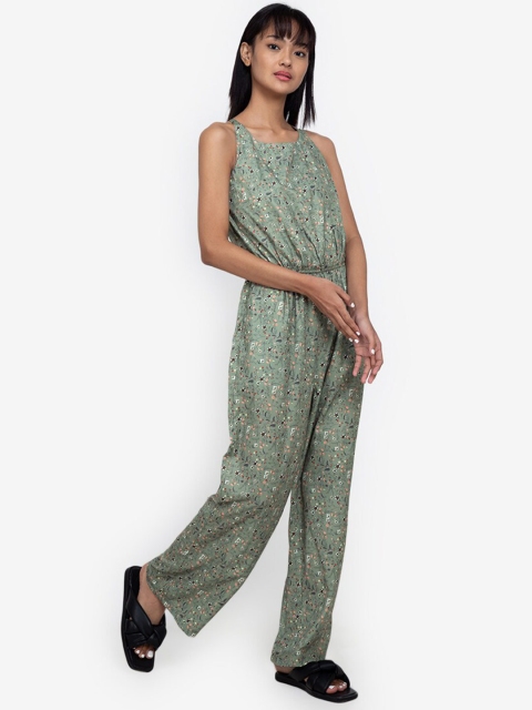 

ZALORA BASICS Olive Green & Peach-Coloured Halter Neck Floral Printed Basic Jumpsuit
