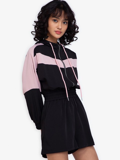 

ZALORA BASICS Black & Pink Colourblocked Zip Up Playsuit