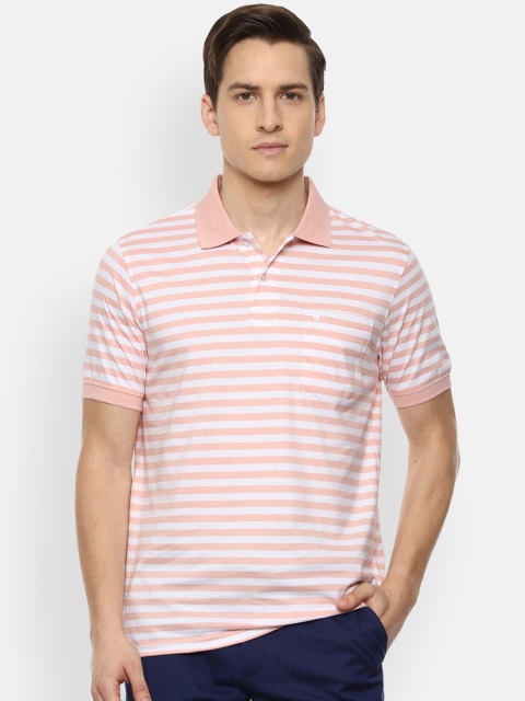 

Louis Philippe Men Pink & White Striped Polo Collar Pockets T-shirt