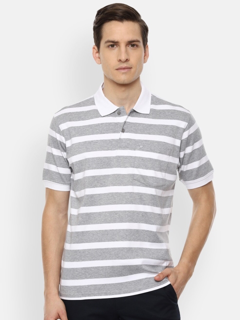 

Louis Philippe Men Grey Striped Polo Collar Pockets T-shirt