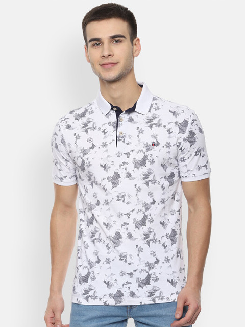 

Louis Philippe Jeans Men White Floral Printed Polo Collar Slim Fit T-shirt