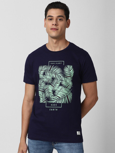 

Peter England Casuals Men Navy Blue Printed Raw Edge Slim Fit T-shirt