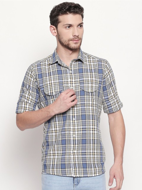 

EVOQ Men White & Blue Tartan Checked Casual Shirt