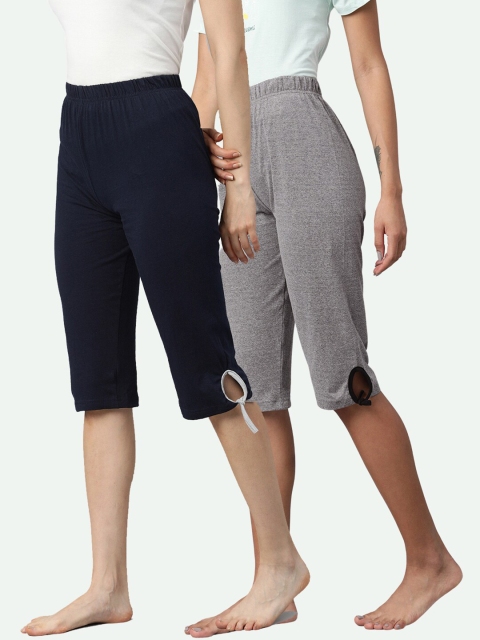 

NOT YET by us Women Pack of 2 Grey & Navy Blue Pure Cotton Capris