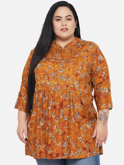 

Indietoga Plus Size Mustard Yellow & White Floral Foil Print Pintuck Kurti