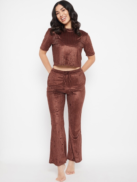 

Clovia Women Brown Striped Velvet Night suit