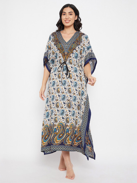 

Clovia Blue & White Ethnic Motifs Printed Maxi Kaftan Nightdress