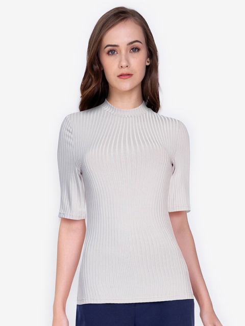 

ZALORA WORK Women Beige High Neck Ribbed Top