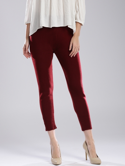 

W Women Maroon Solid Regular Fit Flat-Front Trousers