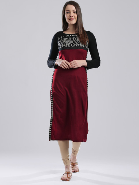 

W Women Maroon Colourblocked Winter Straight Kurta