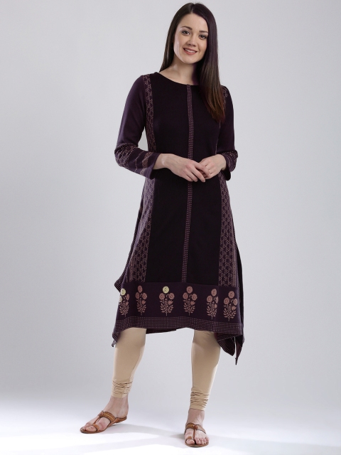 

W Women Aubergine Patterned Winter Anarkali Kurta, Purple