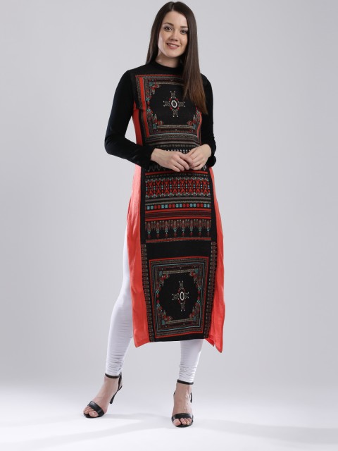 

W Women Black Patterned Winter Straight Kurta