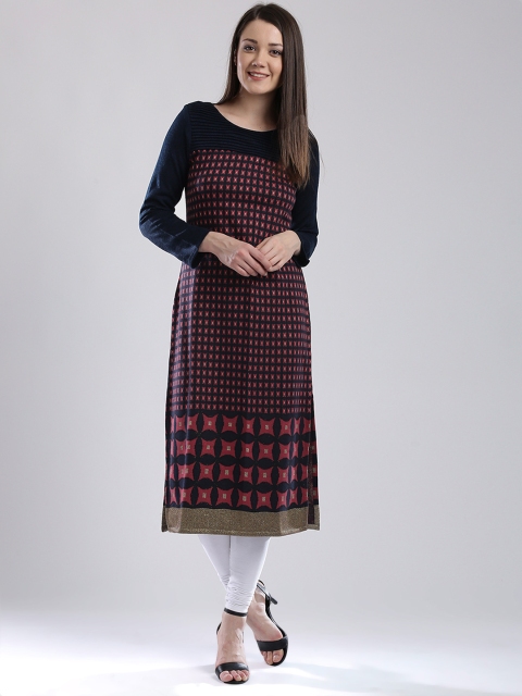 

W Women Navy & Maroon Patterned Straight Kurta, Navy blue