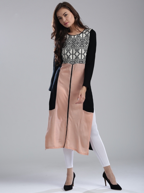 

W Women Peach-Coloured & Black Woven Design Straight Winter Kurta