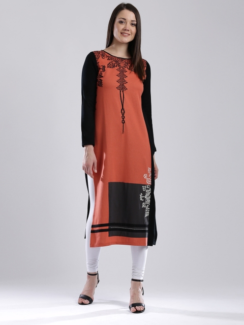 

W Women Coral Orange Embroidered Colourblocked Kurta