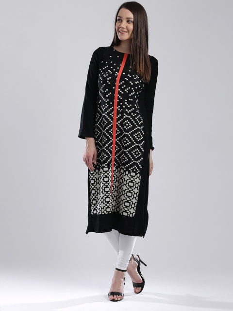 

W Women Black & White Patterned Straight Kurta