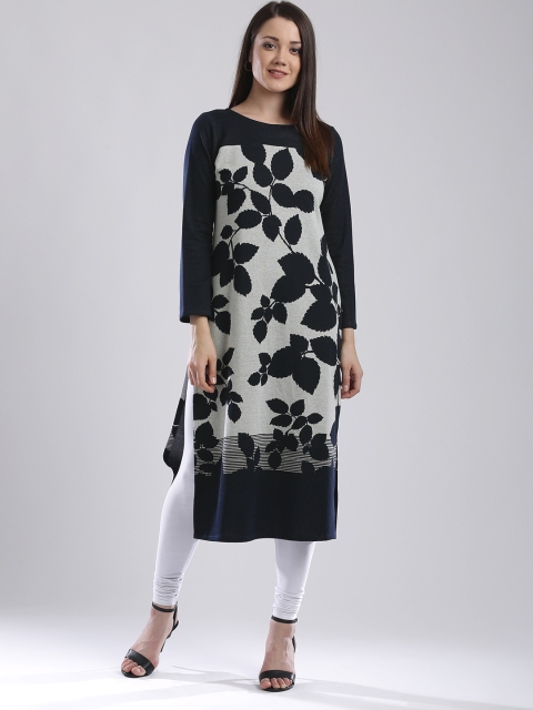 

W Women Navy & Off-White Patterned Straight Kurta, Navy blue