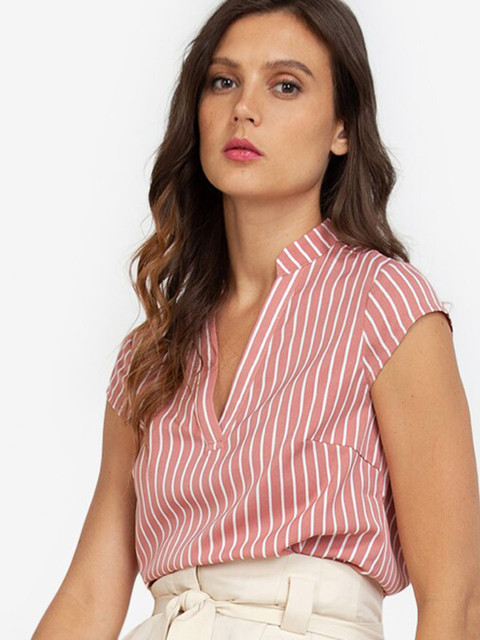 

ZALORA WORK Multicoloured Striped Mandarin Collar Top, Multi