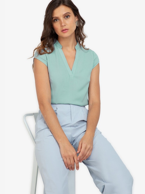 

ZALORA WORK Women Blue Mandarin Collar Top