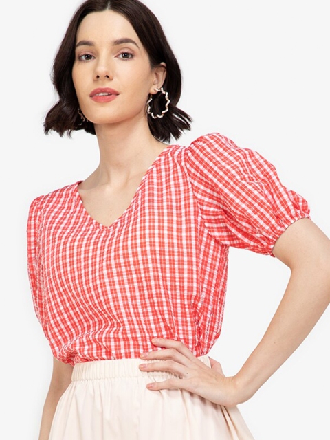 

ZALORA WORK Women Red Checked Puff Sleeves Top