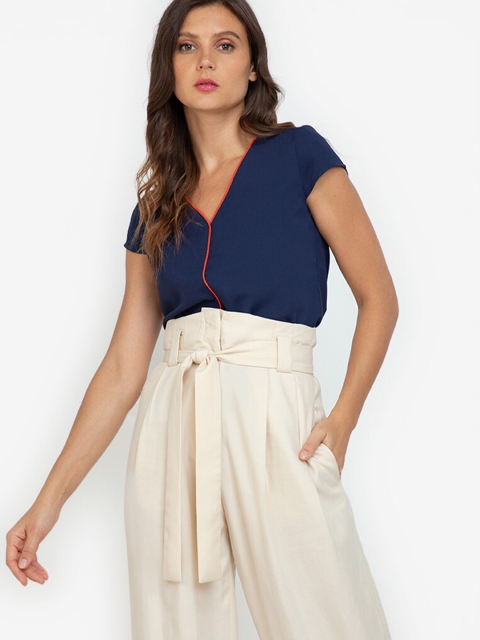 

ZALORA WORK Navy Blue & Orange Contrast Piping Cap Sleeve Top