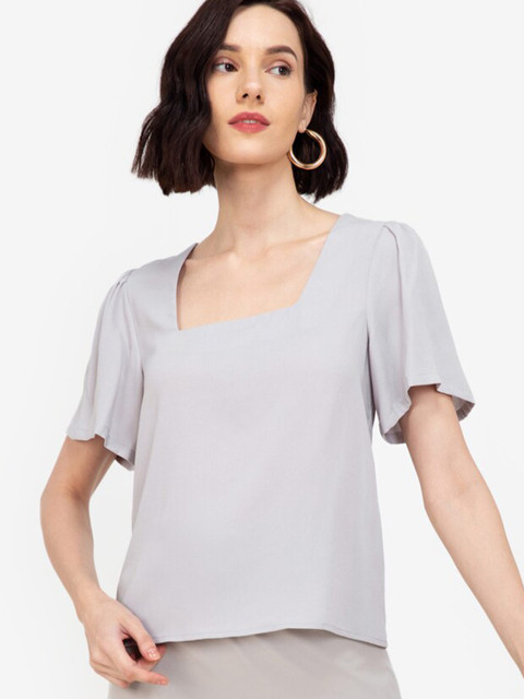 

ZALORA WORK Grey Square Neck Puff Sleeve Top