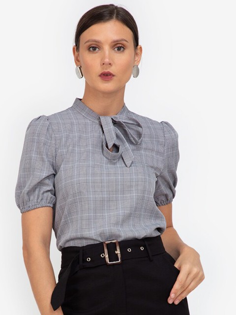 

ZALORA WORK Grey Checked Tie-Up Neck Top