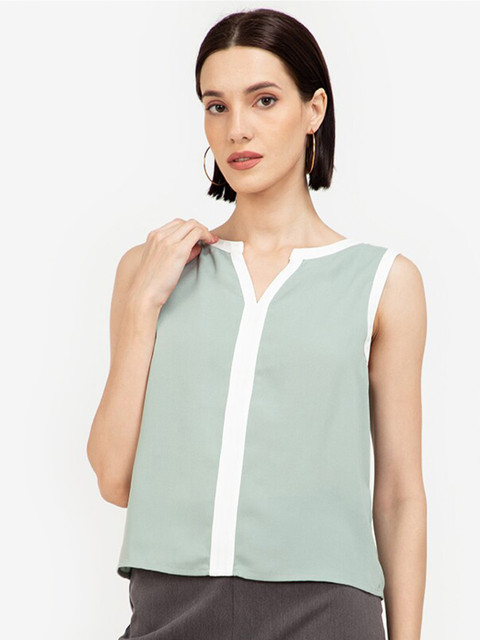 

ZALORA WORK Green & White Colourblocked Mandarin Collar Top