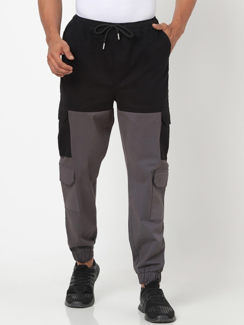 

Bewakoof Men Black & Grey Colourblocked Pure Cotton Joggers Trousers