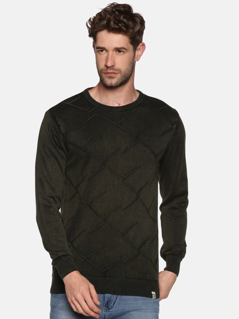 

SHOWOFF Men Olive Green Self Design Pullover