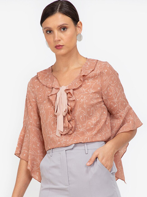 

ZALORA WORK Pink Floral Print Tie-Up Neck Ruffles Top