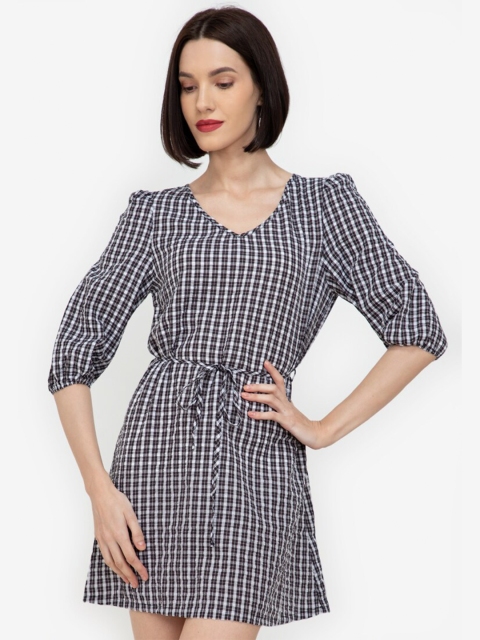 

ZALORA WORK Women Black & White Checked Belted A-Line Mini Dress