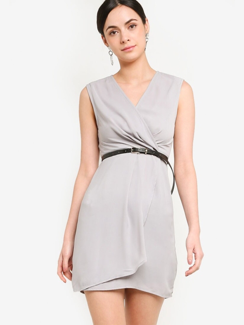 

ZALORA WORK Women Grey Belted Wrap Dress