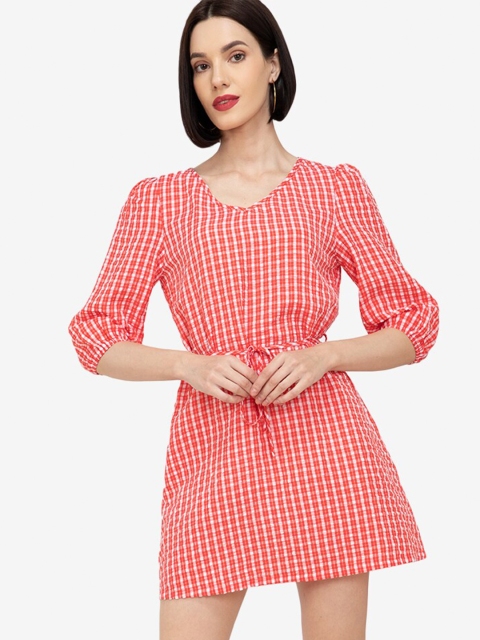 

ZALORA WORK Women Red & White Checked Belted A-Line Mini Dress
