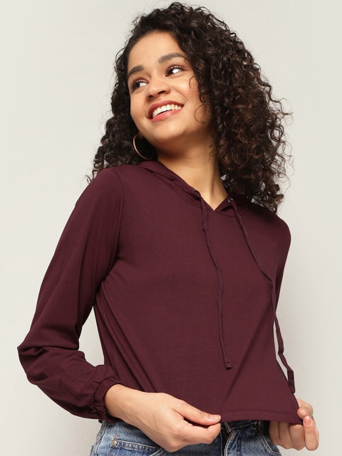 

Ginger by Lifestyle Women Purple Hooded Crop Sweatshirt, Burgundy