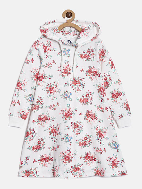 

YK White Floral Printed A-Line Pure Cotton Sweatshirt Dress