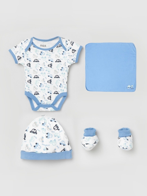 

max Infant Boys 4-Pieces White & Blue Printed Pure Cotton Apparel Gift Set