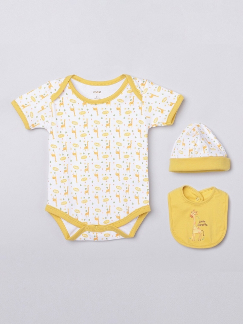 

Max Boys Pack of 3 White & Yellow Printed Pure Cotton Baby Apparel Gift Set