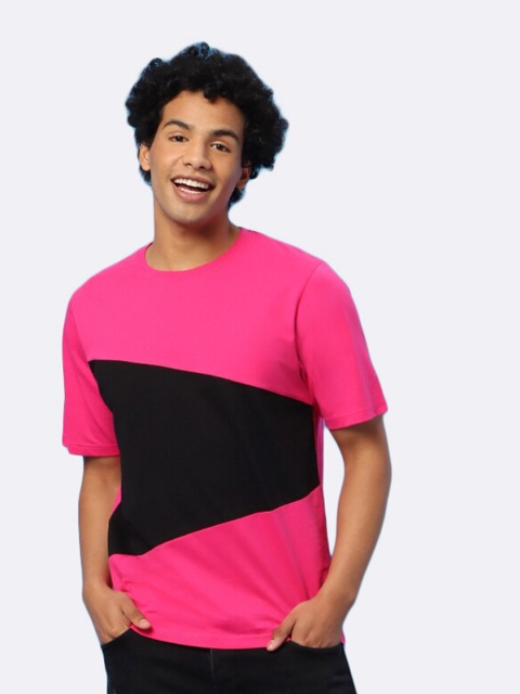 

Bewakoof Men Pink & Black Colourblocked Oversized T-shirt