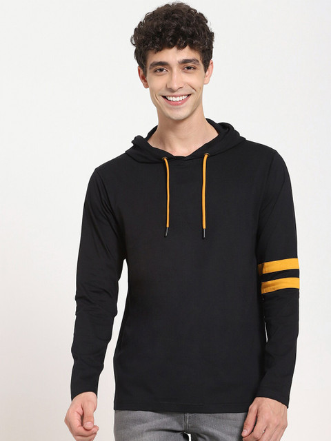 

Bewakoof Men Black & Yellow Solid Hooded Pure Cotton T-shirt