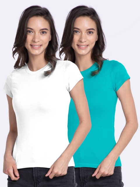 

Bewakoof Women Pack Of 2 White & Blue Pure Cotton Slim Fit T-shirt
