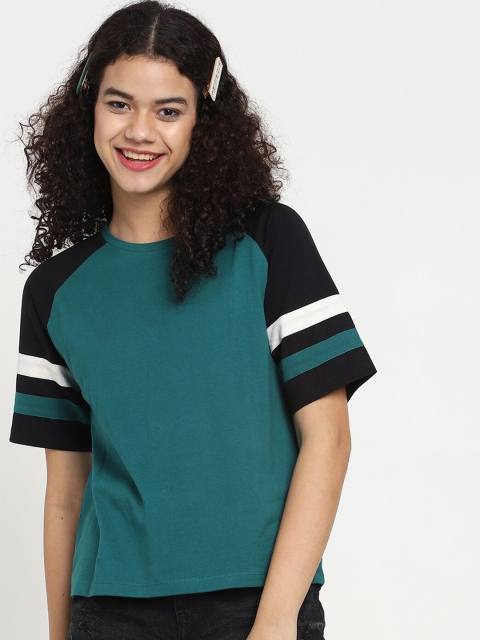 

Bewakoof Women Green & Black Colourblocked T-shirt