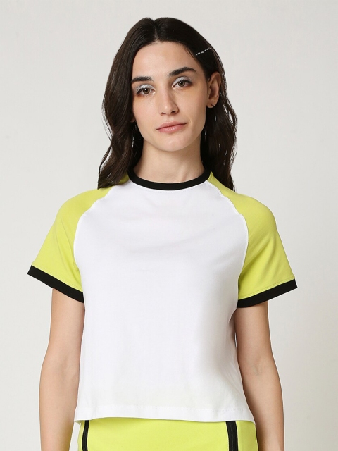 

Bewakoof Women White & Lime Green Colourblocked Crop T-shirt