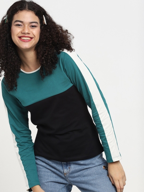 

Bewakoof Women Black & Green Colourblocked T-shirt