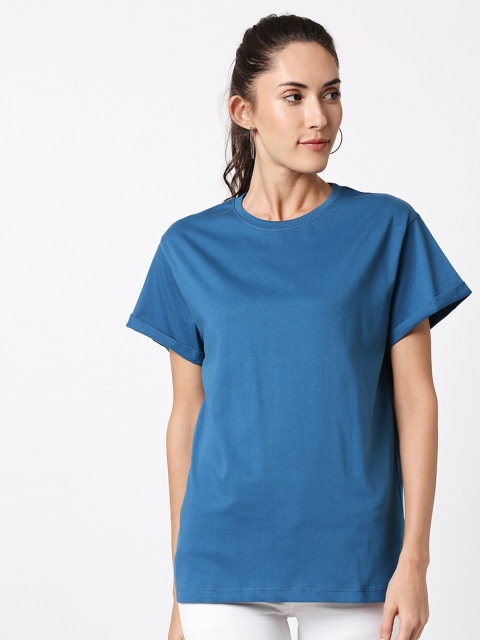 

Bewakoof Women Teal Solid Pure Cotton T-shirt