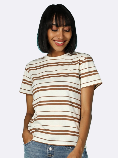 

Bewakoof Women White & Brown Striped Slim Fit T-shirt