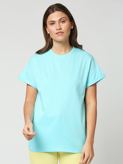 

Bewakoof Women Blue Solid Pure Cotton Boyfriend T-shirt