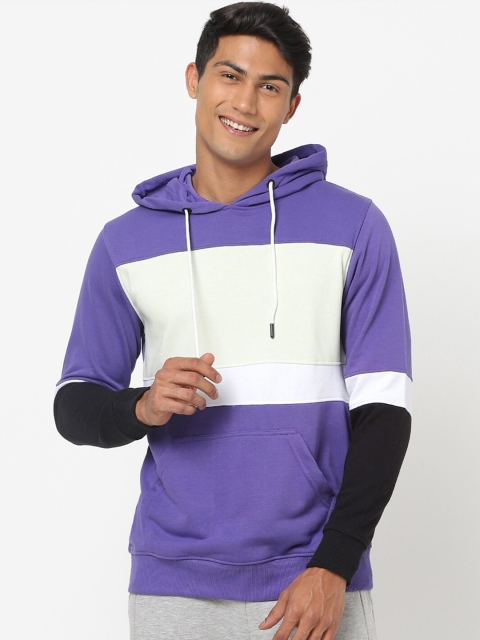 

Bewakoof Men Purple & White Colourblocked Hooded Sweatshirt