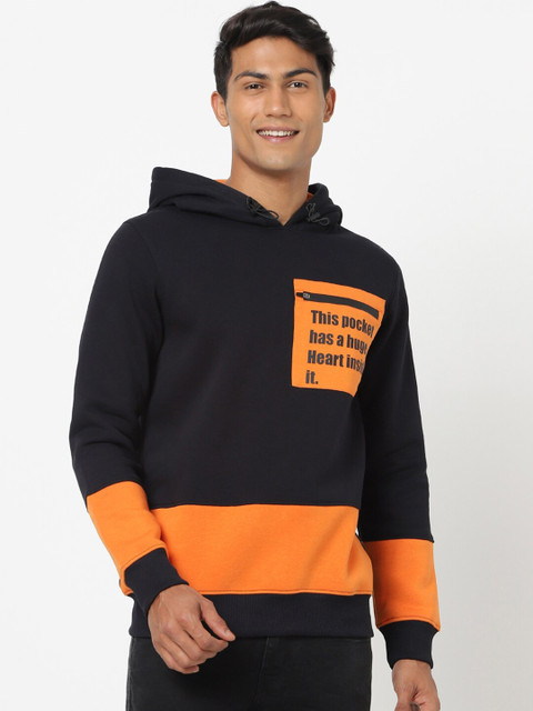 

Bewakoof Men Black & Orange Colourblocked Hooded Sweatshirt