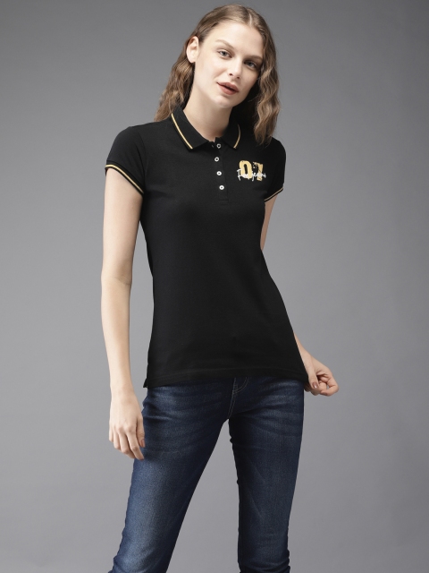 

Flying Machine Women Black Solid Polo Collar T-shirt